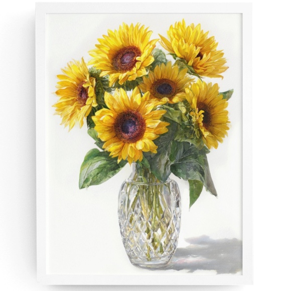 Watercolor Sunflowers in Crystal Vase Wall Art Print, Unframed - Luminous Floral - Picture 1 of 7